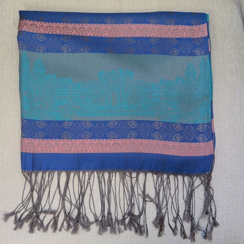 Elegant Multicolor Silk Mixed Stripe Jacquard Scarf Wrap with Fringe